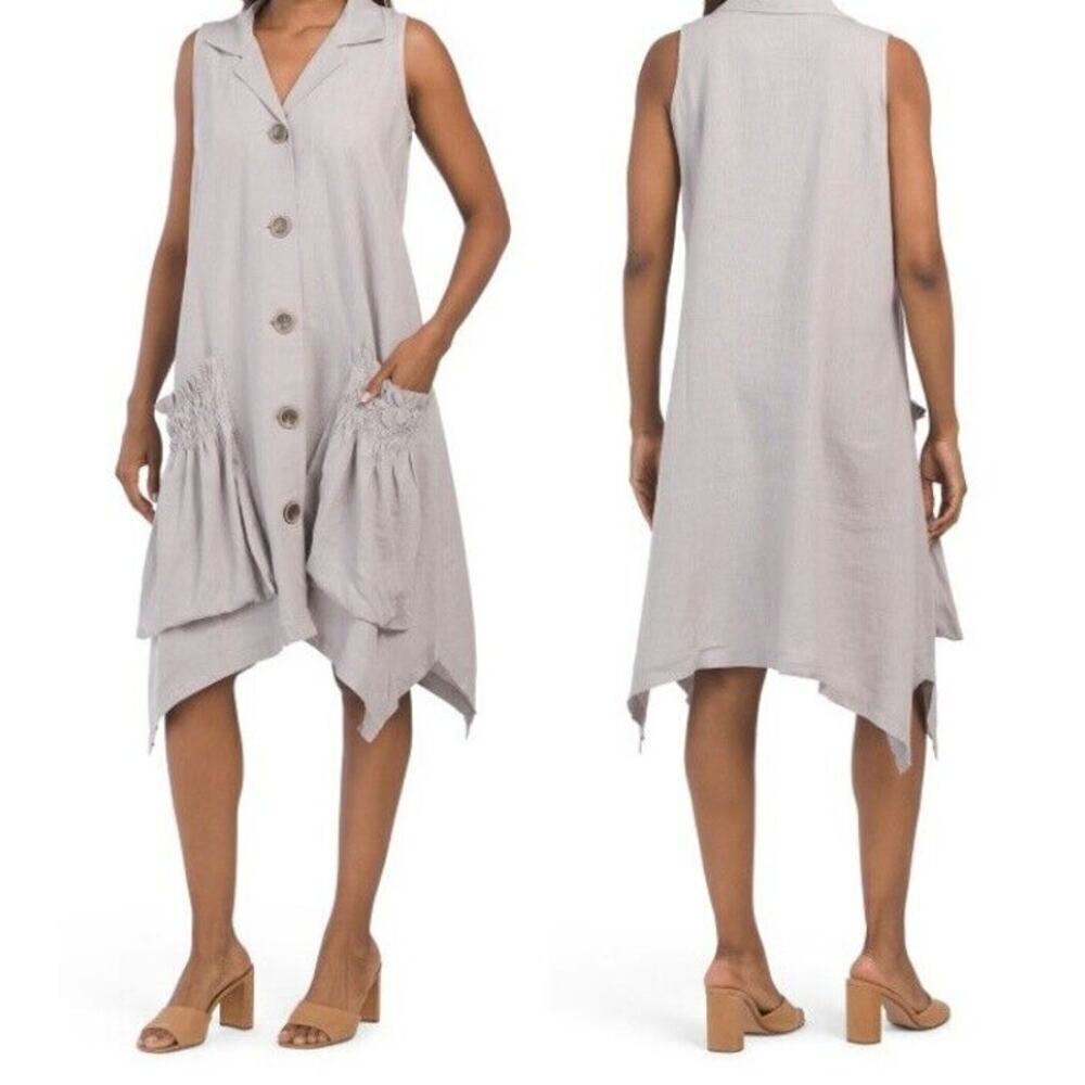 For Cynthia Linen Blend Dress Button Down Sleeveless Light Gray Womens Large NWT
